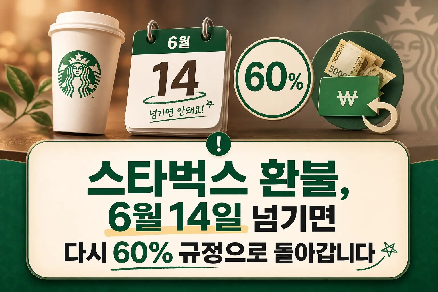 스타벅스 환불, 6월 14일 넘기면 다시 60% 규정으로 돌아갑니다